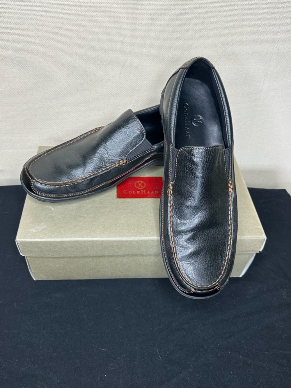 Cole Haan Tucker Venetian Black Leather Slip-On Loafers Mens 10